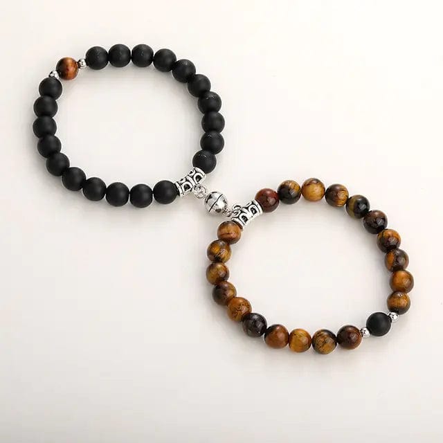 B4 Lifestyles Brown Black 3 Natural Stone Beads Couple Magnetic Bracelets