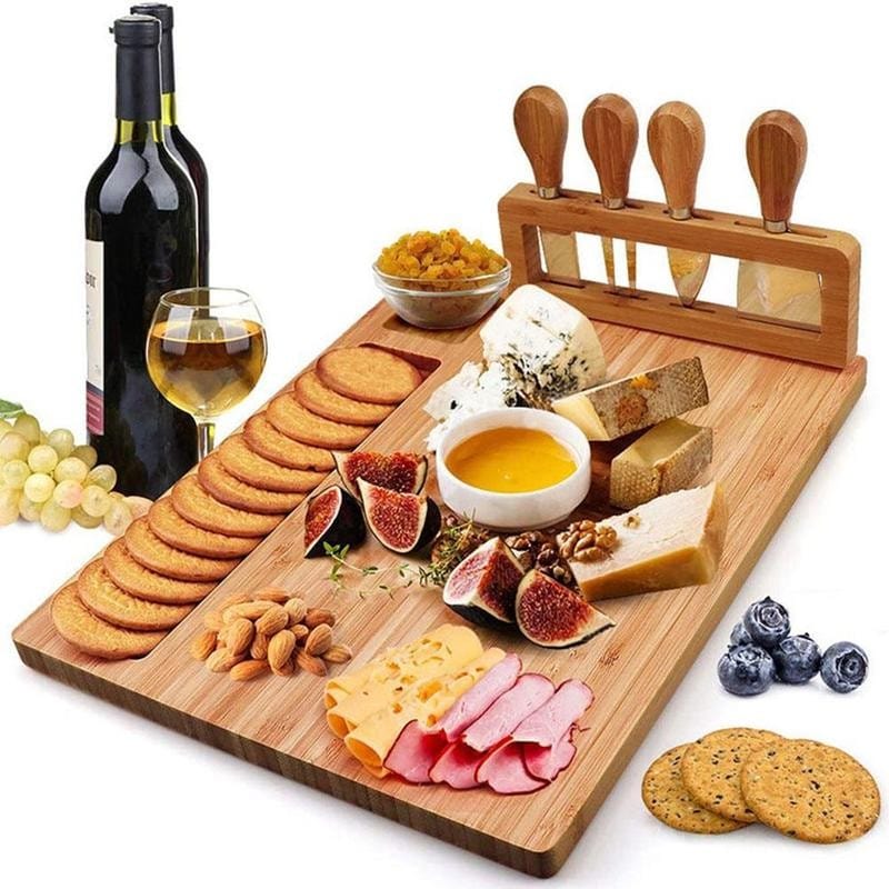 B4 Lifestyles Bamboo Serving Board Wood / 35.5x28x1.5cm Bamboo Cheese Board; Cheese Knife, Cheese Slicer, Fork, and Scoop,