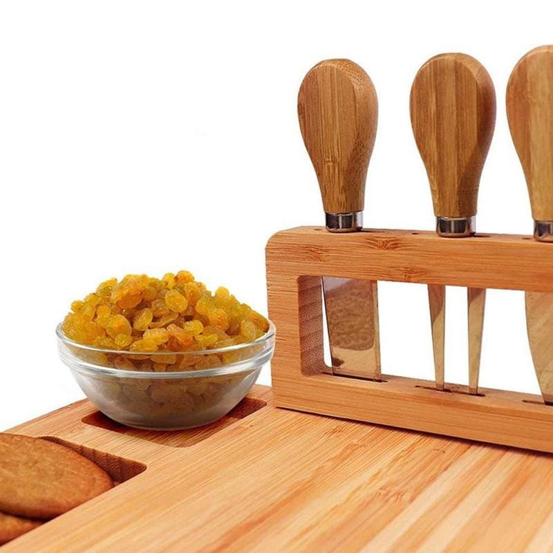 B4 Lifestyles Bamboo Serving Board Wood / 35.5x28x1.5cm Bamboo Cheese Board; Cheese Knife, Cheese Slicer, Fork, and Scoop,