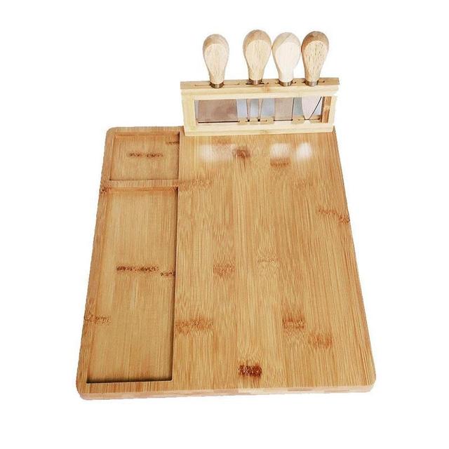 B4 Lifestyles Bamboo Serving Board Wood / 35.5x28x1.5cm Bamboo Cheese Board; Cheese Knife, Cheese Slicer, Fork, and Scoop,