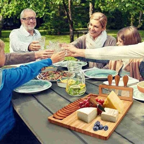 B4 Lifestyles Bamboo Serving Board Wood / 35.5x28x1.5cm Bamboo Cheese Board; Cheese Knife, Cheese Slicer, Fork, and Scoop,