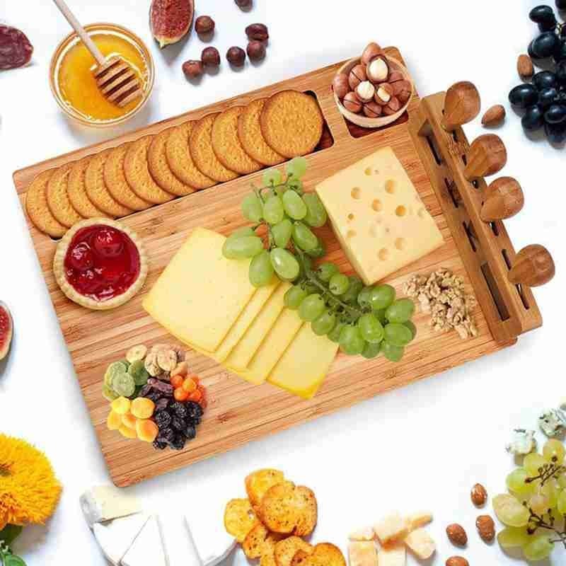 B4 Lifestyles Bamboo Serving Board Wood / 35.5x28x1.5cm Bamboo Cheese Board; Cheese Knife, Cheese Slicer, Fork, and Scoop,