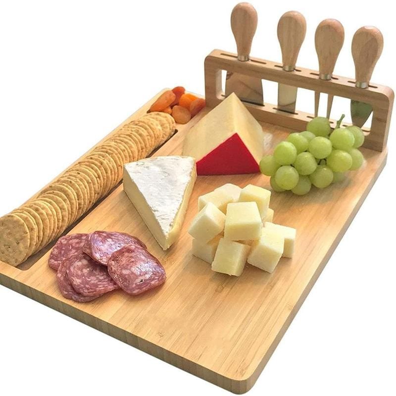 B4 Lifestyles Bamboo Serving Board Wood / 35.5x28x1.5cm Bamboo Cheese Board; Cheese Knife, Cheese Slicer, Fork, and Scoop,