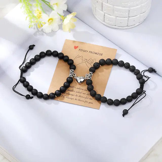 B4 Lifestyles Black Black Rough 1 Natural Stone Beads Couple Magnetic Bracelets