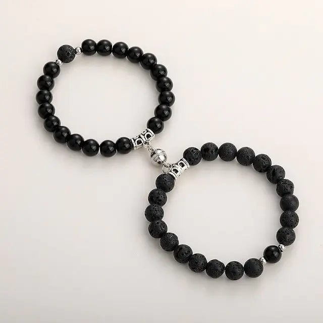 B4 Lifestyles Black Black Rough 3 Natural Stone Beads Couple Magnetic Bracelets