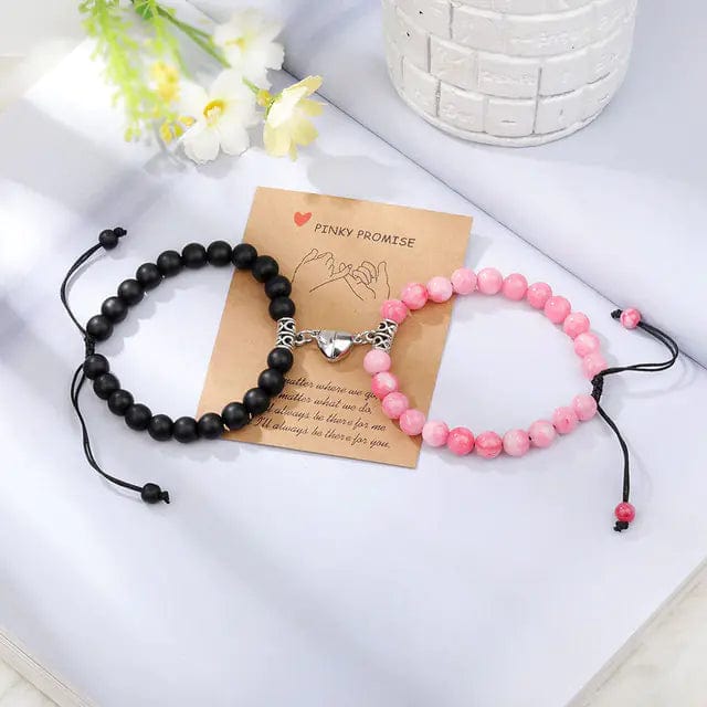 B4 Lifestyles Black PInk 1 Natural Stone Beads Couple Magnetic Bracelets