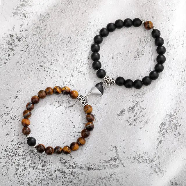 B4 Lifestyles Brown Black 2 Natural Stone Beads Couple Magnetic Bracelets