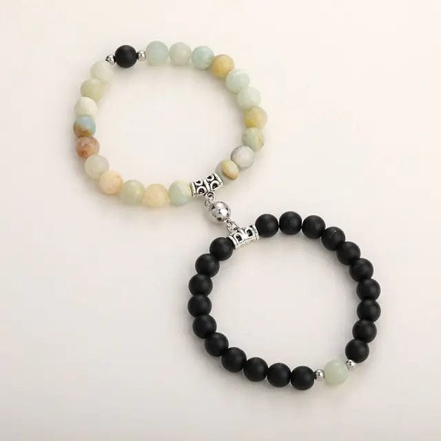 B4 Lifestyles Multi Black 3 Natural Stone Beads Couple Magnetic Bracelets