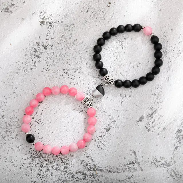 B4 Lifestyles Pink Black 2 Natural Stone Beads Couple Magnetic Bracelets