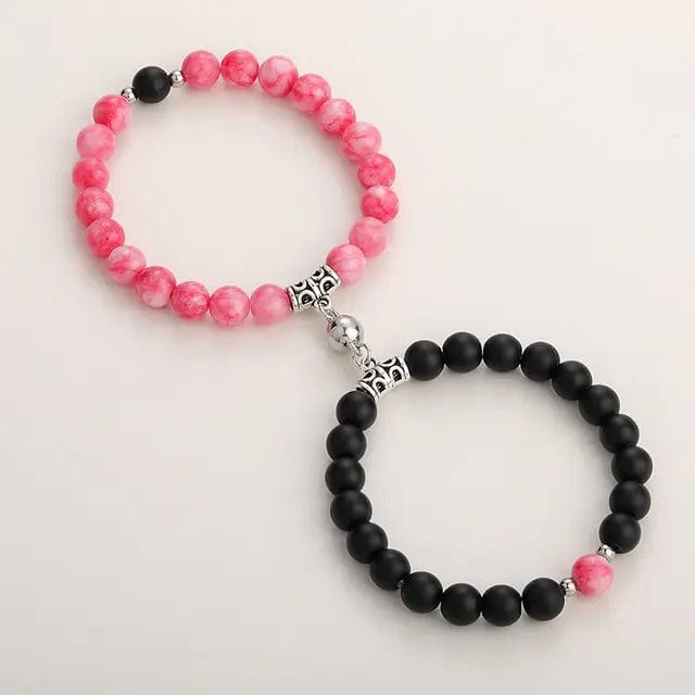 B4 Lifestyles Pink Black 3 Natural Stone Beads Couple Magnetic Bracelets