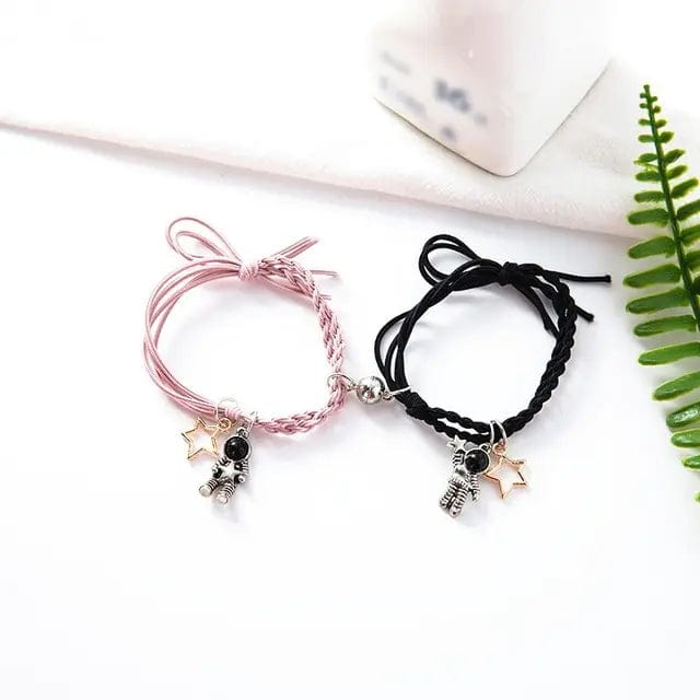 B4 Lifestyles Pink Black Rope Natural Stone Beads Couple Magnetic Bracelets