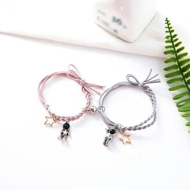 B4 Lifestyles Pink Gray Rope Natural Stone Beads Couple Magnetic Bracelets