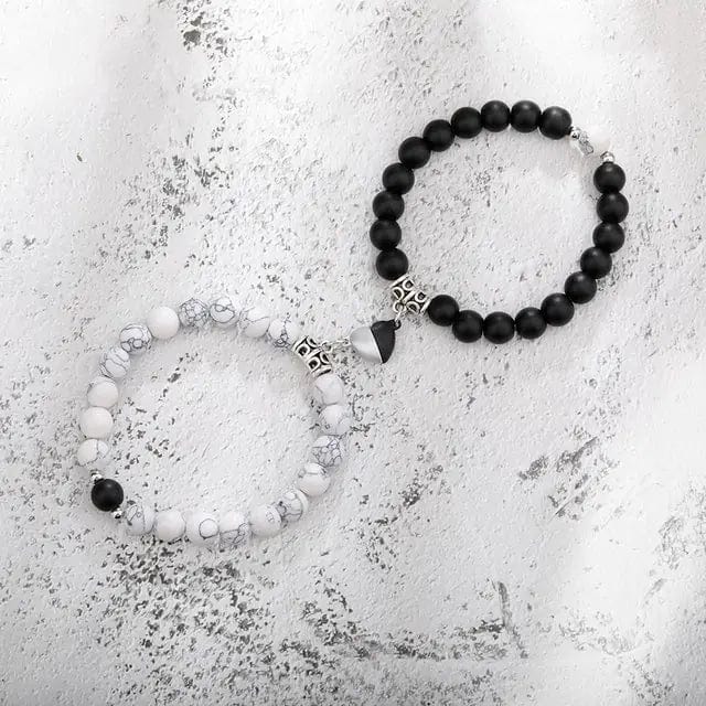 B4 Lifestyles White Black 2 Natural Stone Beads Couple Magnetic Bracelets