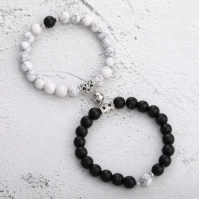 B4 Lifestyles White Black 3 Natural Stone Beads Couple Magnetic Bracelets